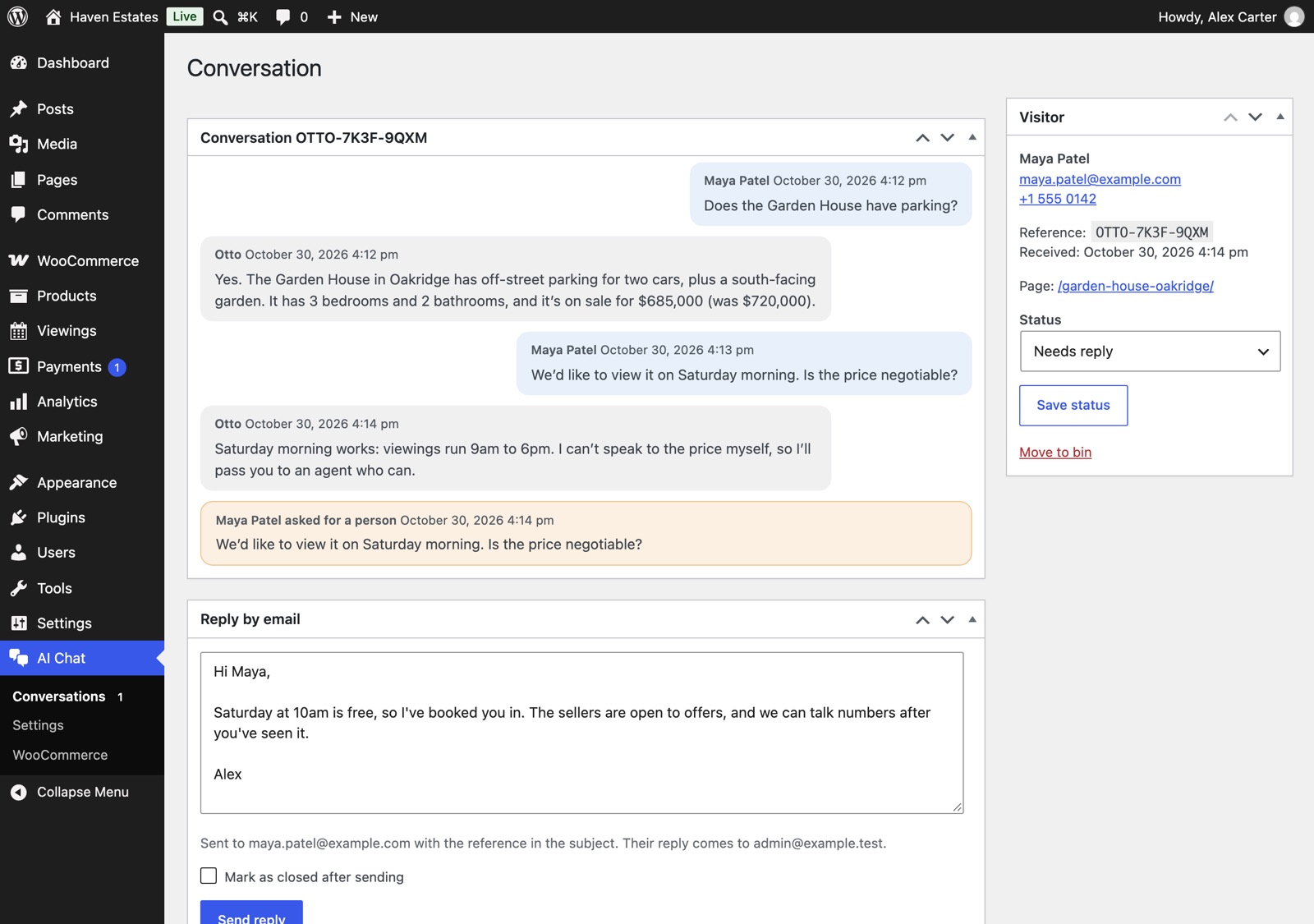 WordPress admin conversation screen: the visitor's chat with Otto, their details, and a reply box
