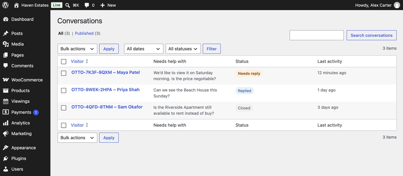 WordPress admin list of conversations marked Needs reply, Replied and Closed