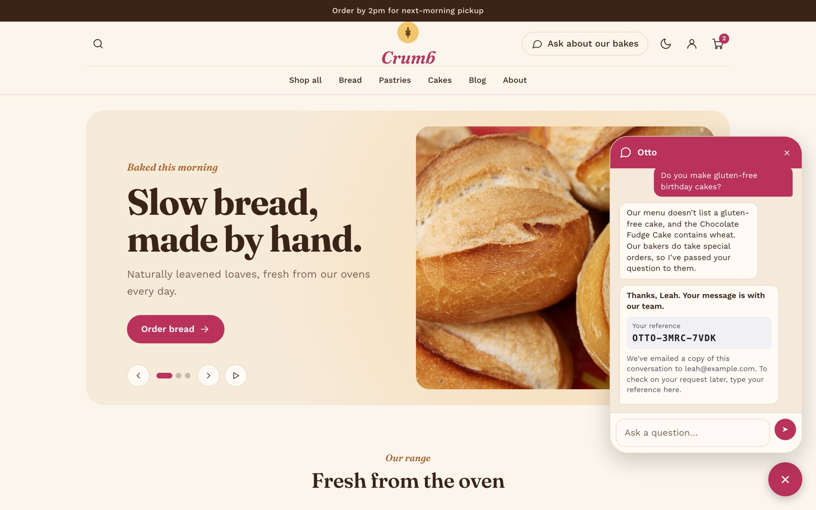 Crumb bakery store with Otto passing a gluten-free cake question to the bakers