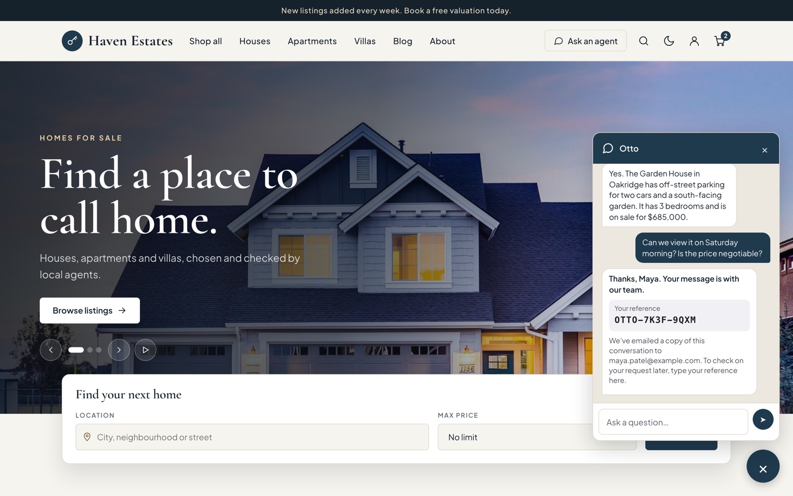 Haven real estate store with Otto confirming a viewing request and showing reference OTTO-7K3F-9QXM