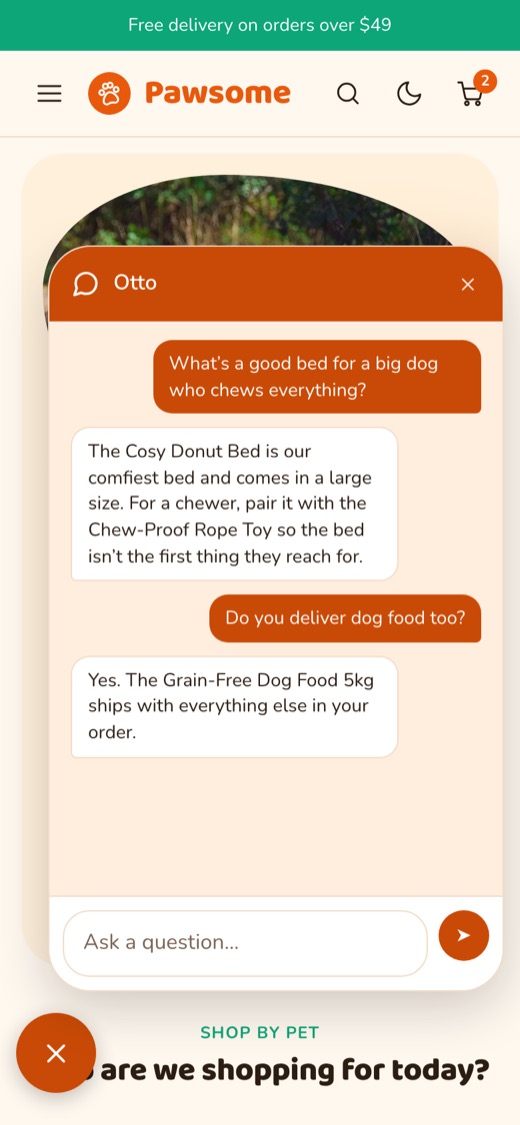 Pawsome pet store on a phone, with Otto recommending a dog bed